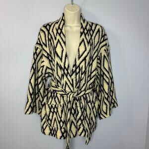 Tucker Wrap Cardigan Sweater Belted Black Cream Geometric Diamond Pattern M